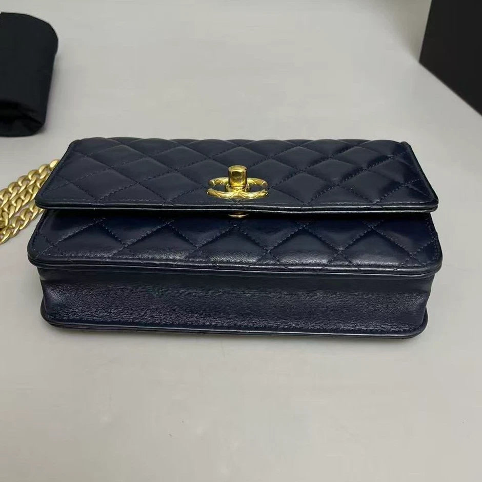 Chanel WOC Diamond Chain Shoulder Bag Crossbody Blue Gold Women Classic