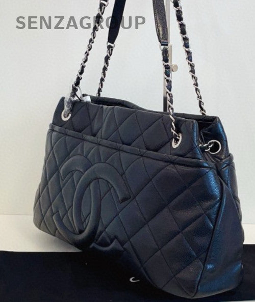 Chanel Calfskin Tote Chain Shoulder Bag Silver Black Women Classic Diamond