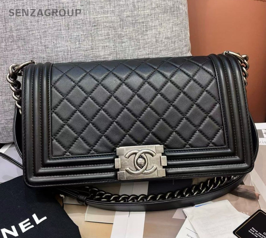 Chanel Leboy MM Calfskin Chain Crossbody Shoulder Bag Women Black Silver Diamond