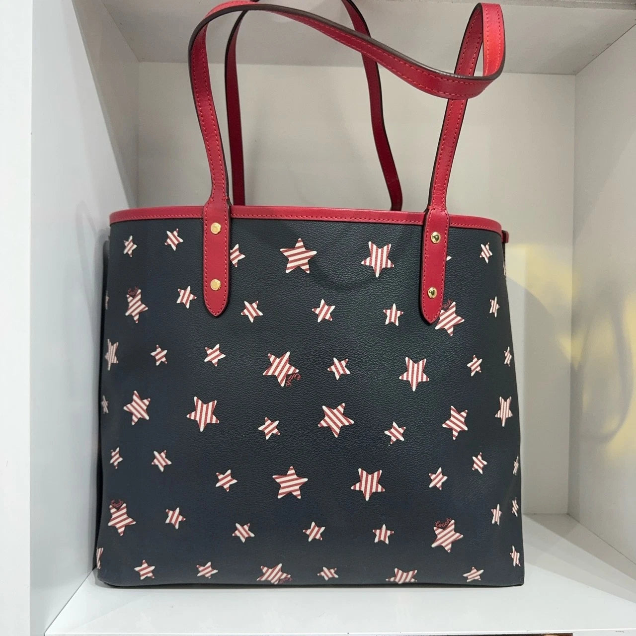 Coach City 33 Reversible Star Print Leather Tote Shoulder Bag Women Navy