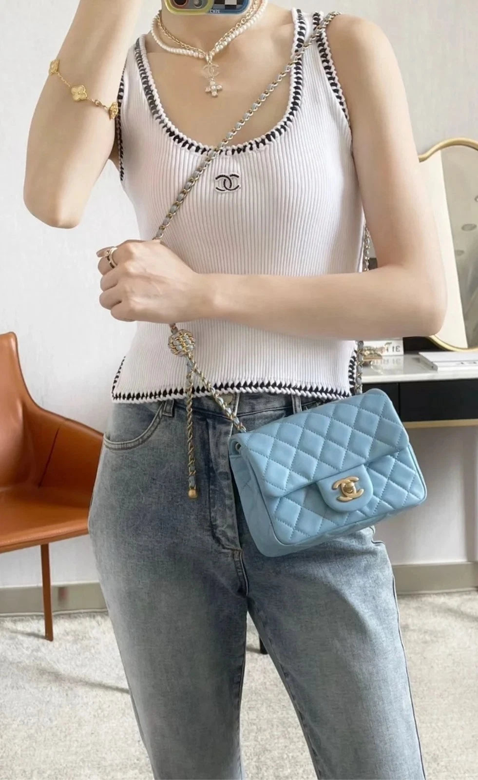 CHANEL Blue Calfskin Walnut Ball Square Crossbody Bag For Women