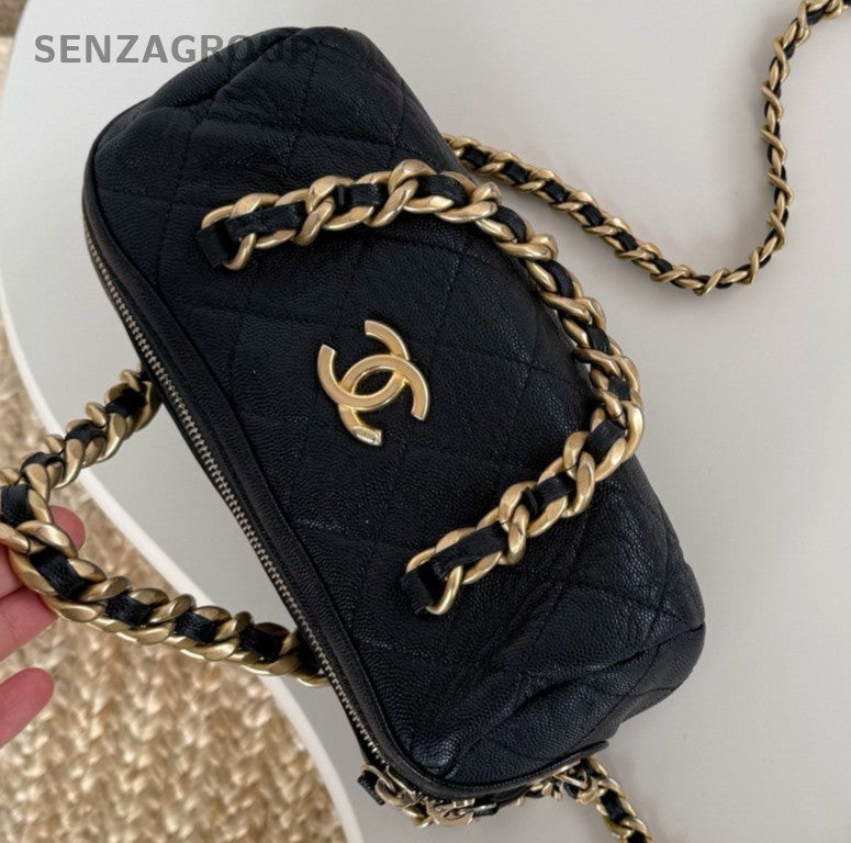 Chanel Calfskin PM Chain Top Handle Bag Shoulder Bag Black Gold Diamond Women