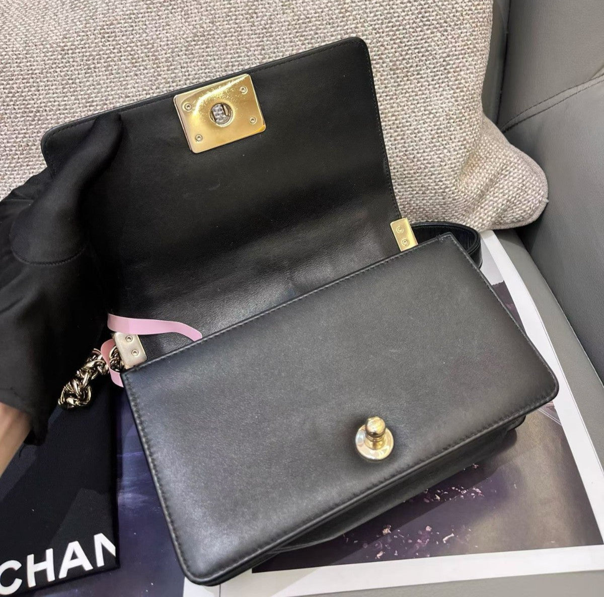 Chanel Leboy PM Chain Calfskin Shoulder Bag Crossbody Black Gold Women Classic