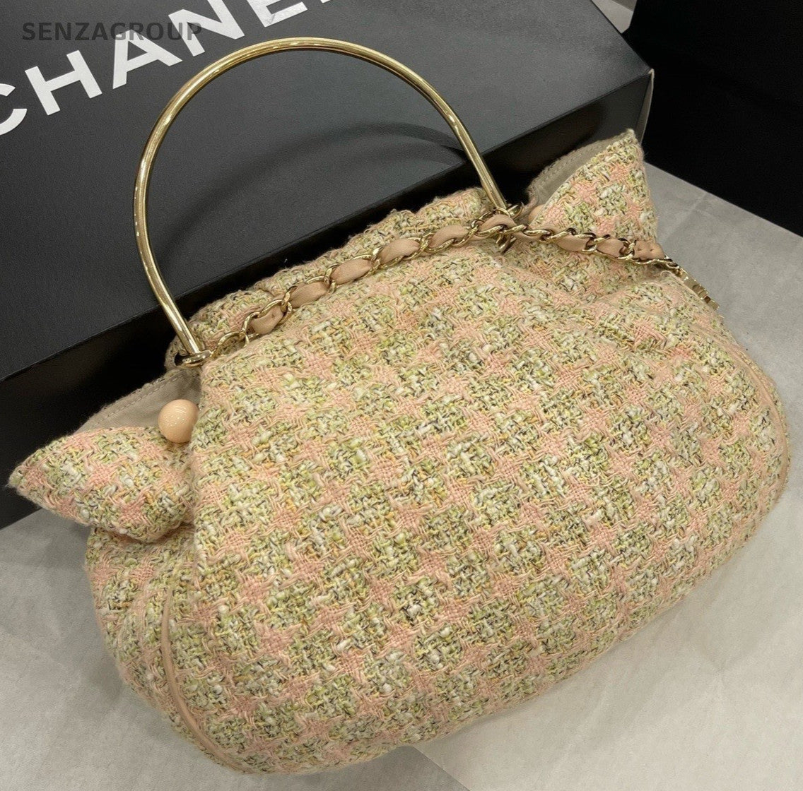 Chanel Tweed Vintage Top Handle Bag Pink Gold Used Women Classic Designer