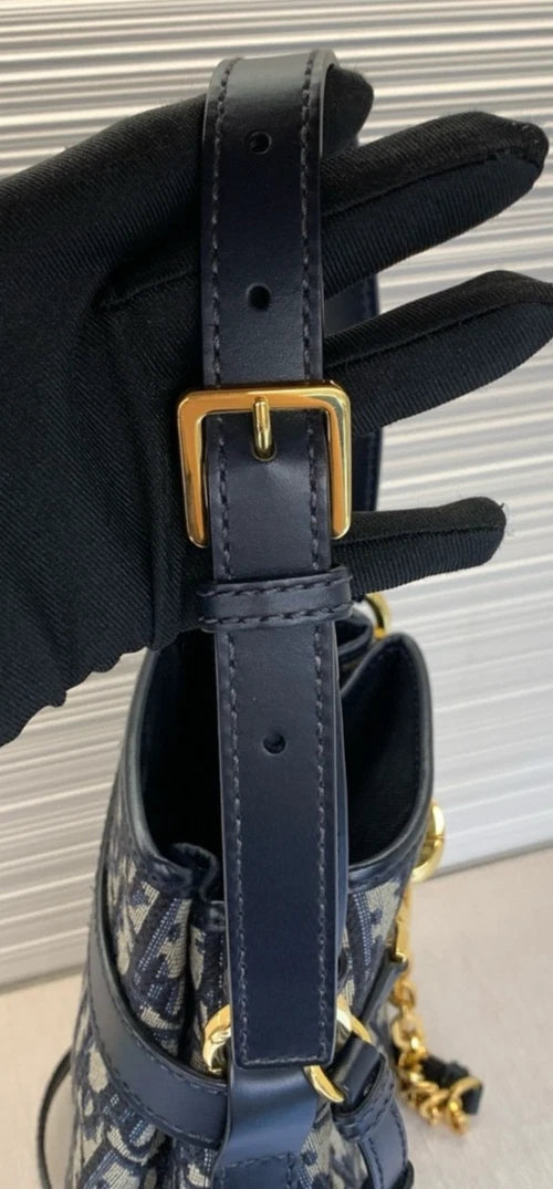 Christian Dior Monogram Blue Gold Drawstring bucket shoulder Bag with DUST Bag - Pre-Owned