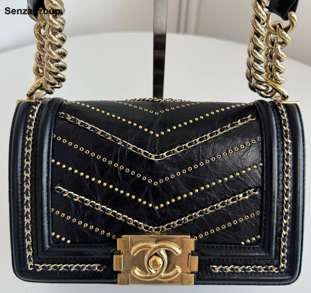 Chanel Leboy PM Calfskin Chain Shoulder Bag Black Gold Women Classic Fashion