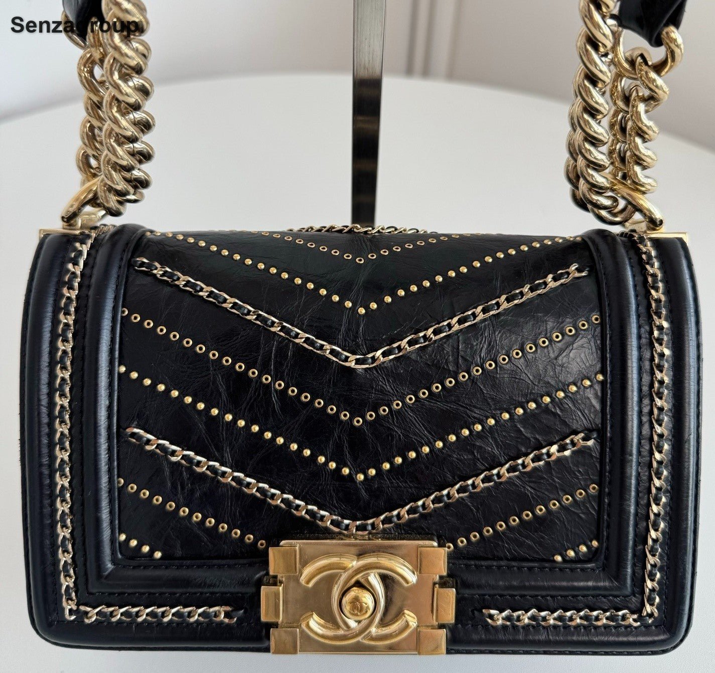 Chanel Leboy PM Calfskin Chain Shoulder Bag Black Gold Women Classic Fashion