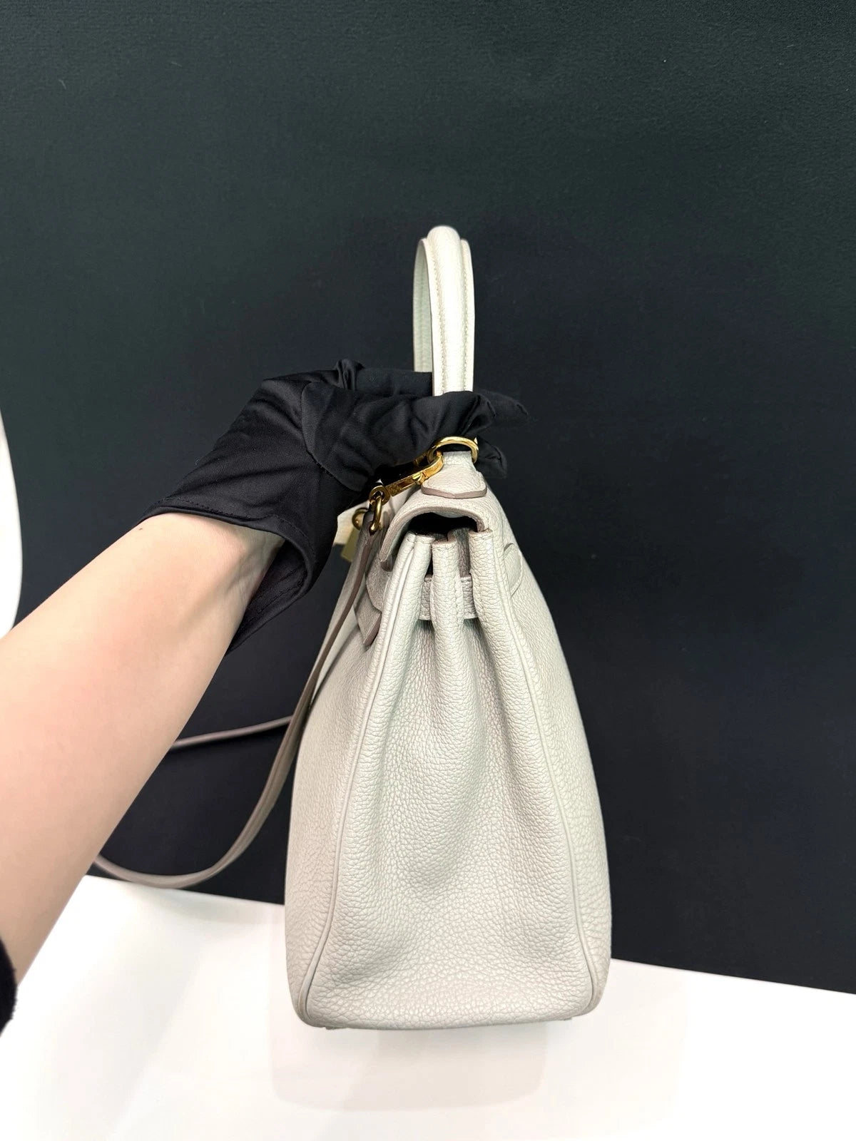 Hermes Kelly28 Top Handle Bag Crossbody Gray Gold Used Women Fashion Classic