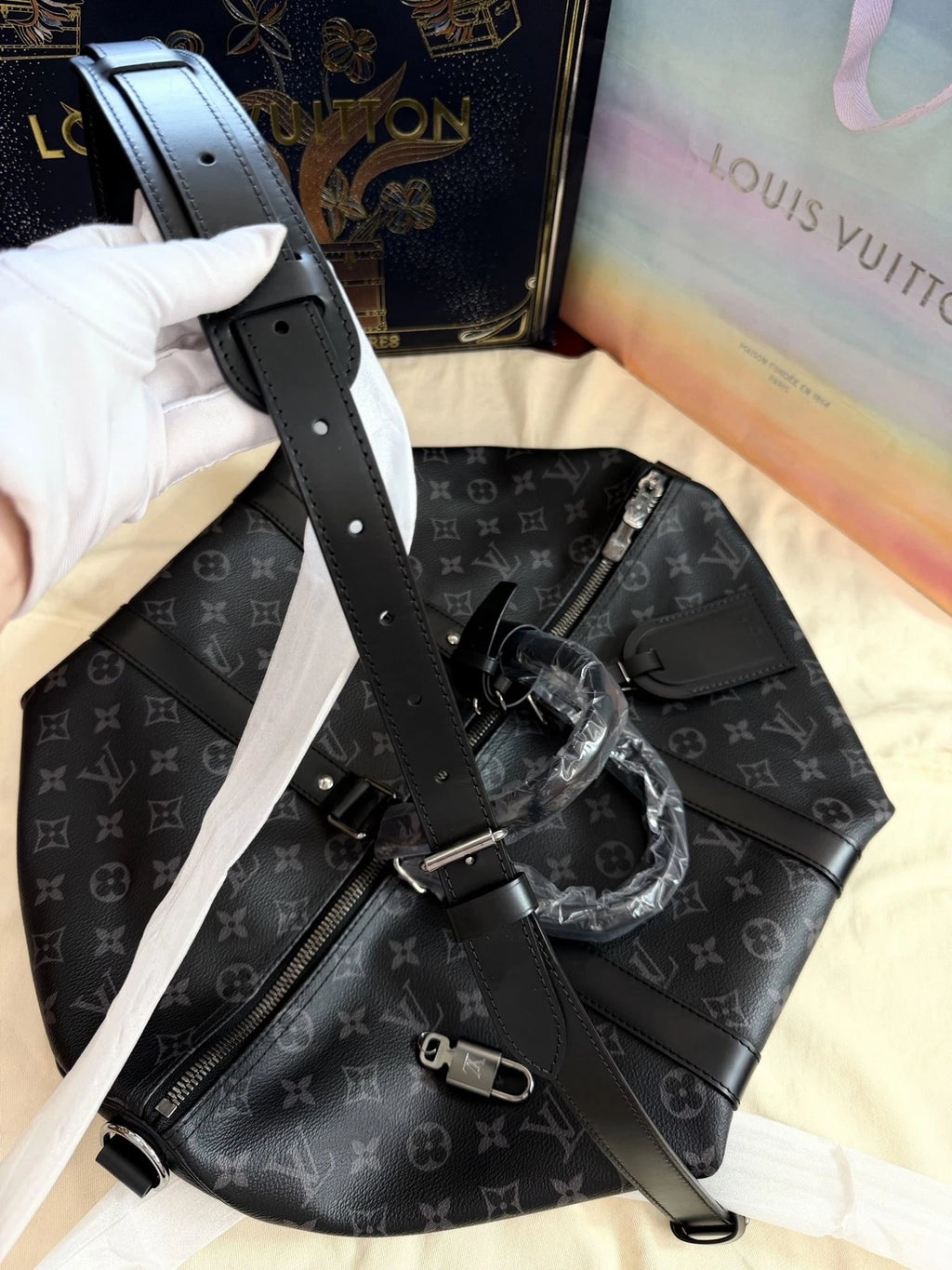 Excellent Louis Vuitton Keepall45 Black Monogram Canvas Handbag Shoulder Bag SHW