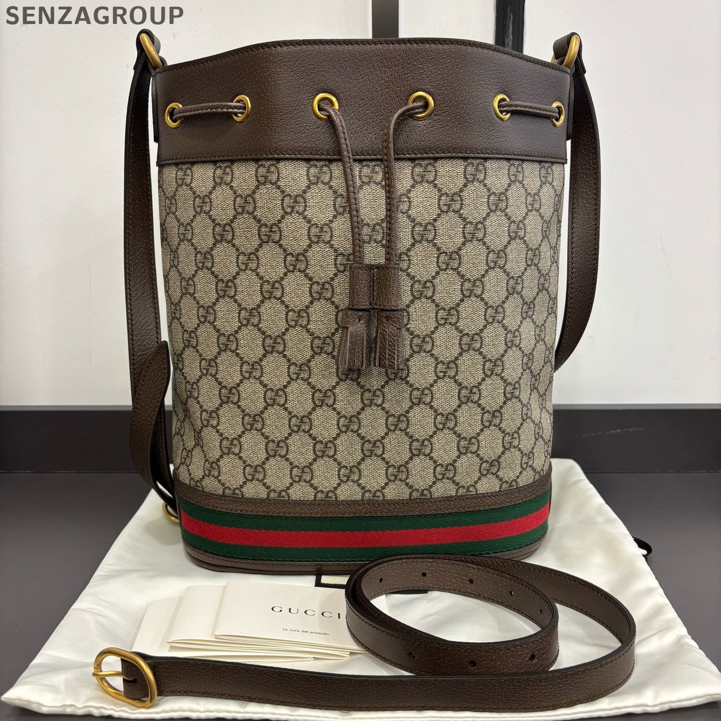 Gucci Ophidia Drawstring Bucket Bag Brown Crossbody Shoulder Bag Women