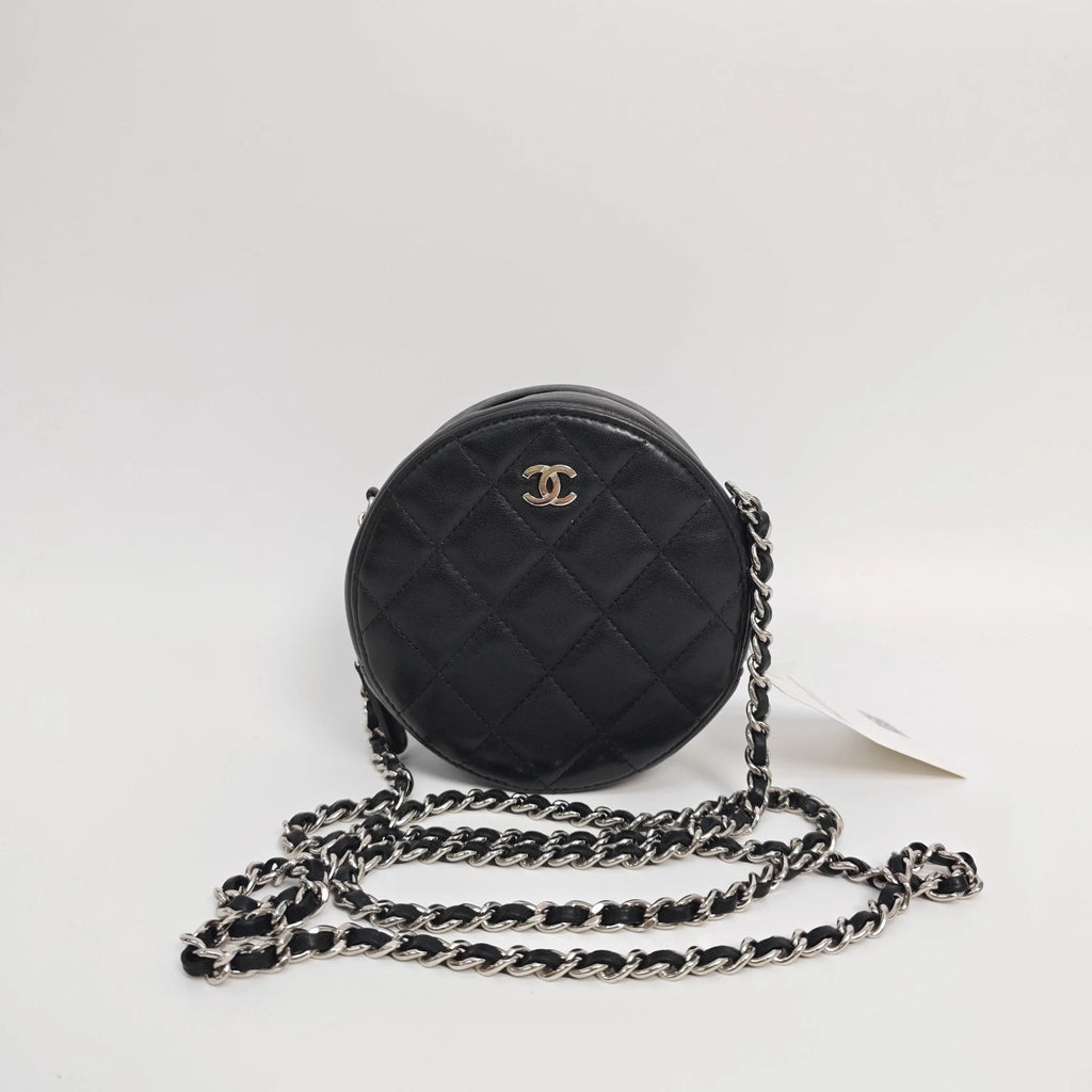 CHANEL Black Lambskin Silver Hardware Round Crossbody Bag Women