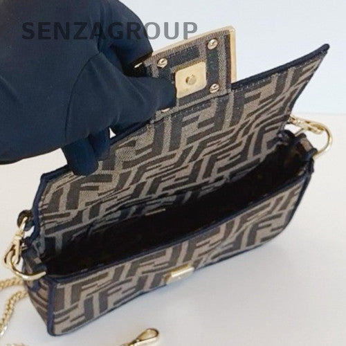 Fendi Baguette Mini Top Handle Bag Chain Crossbody Brown Gold Women Classic