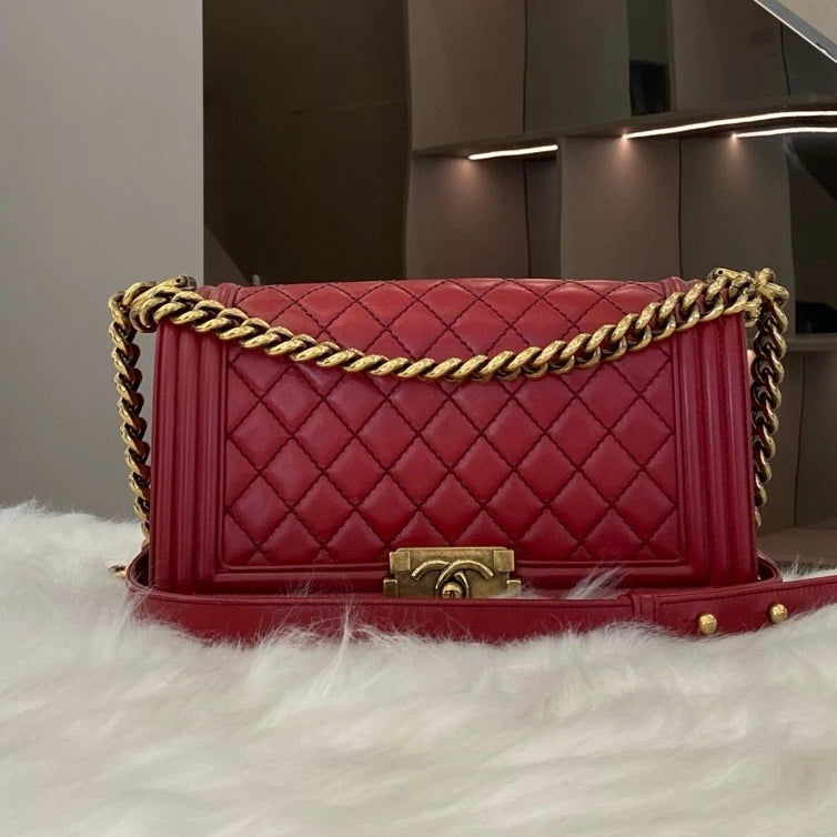 Chanel Le Boy Medium Calfskin Chain Shoulder Bag Red Silver Classic Women