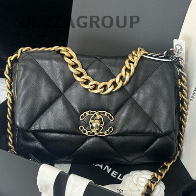 Chanel 19 Small Black Gold Lambskin Quilted Chain Shoulder Crossbody Bag