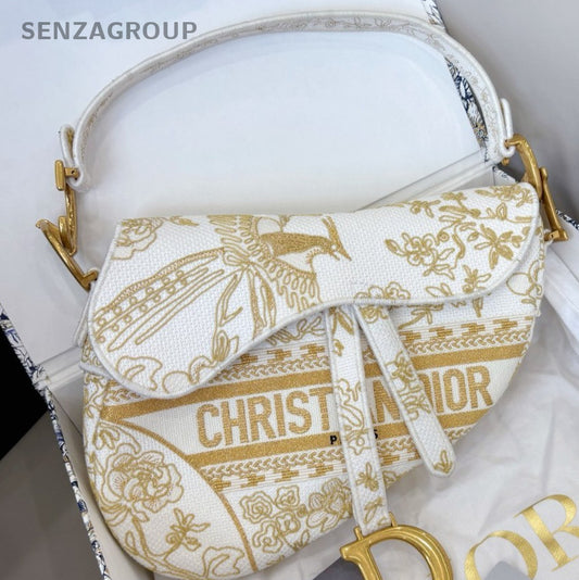 Christian Dior D-Horse Shoe MM Embroidered Shoulder Bag Gold Almost Brand New