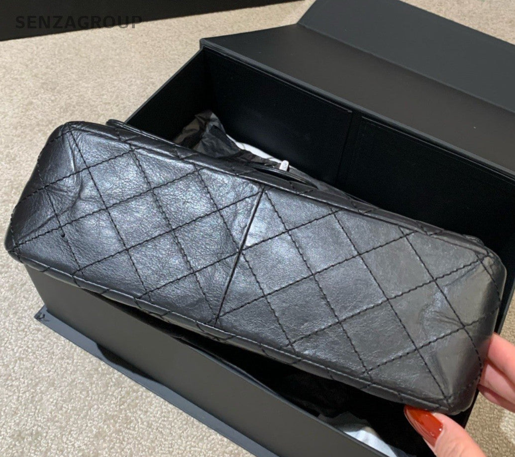 Chanel Diamond MM Chain Calfskin Shoulder Bag Black Silver Women Classic
