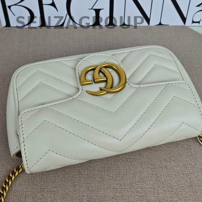 Gucci Marmont Mini Chain Shoulder Bag in White Gold - Fashion Women