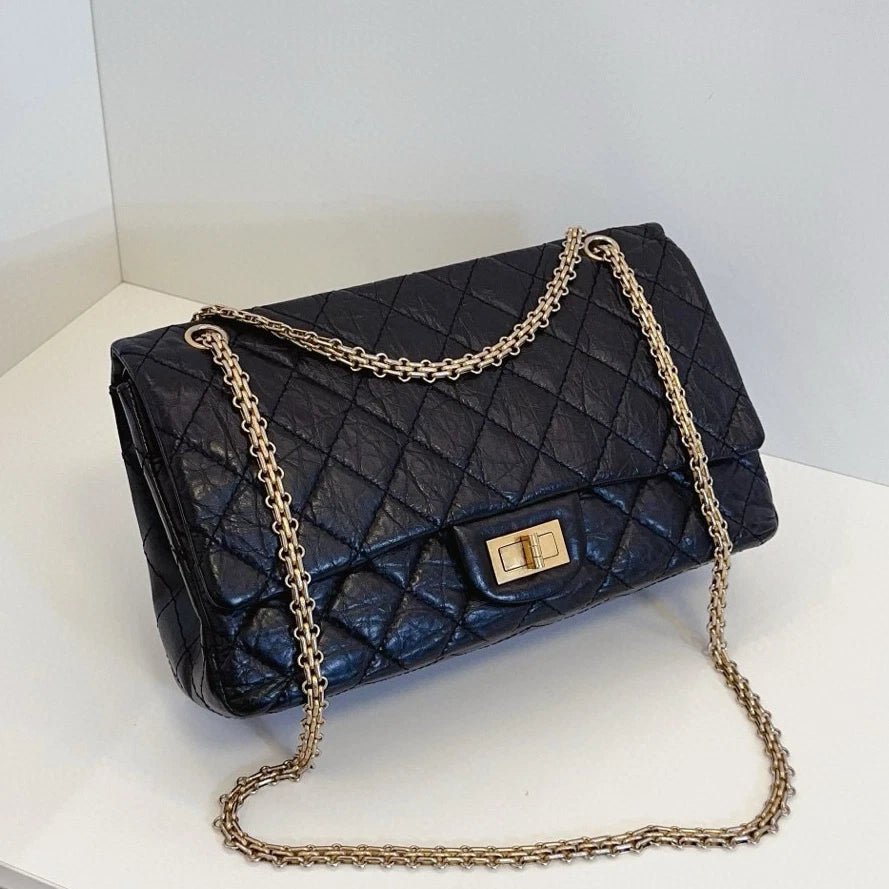 Chanel 2.55 Chain Shoulder Crossbody Black Gold Diamond Women Classic
