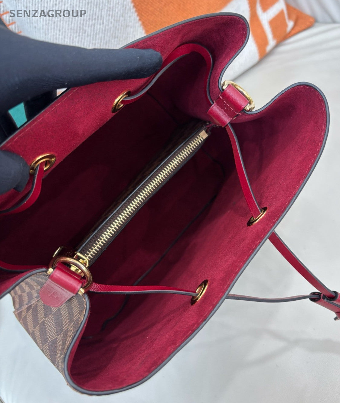 Louis Vuitton Damier Bucket MM Shoulder Bag Brown Red Gold Women Classic