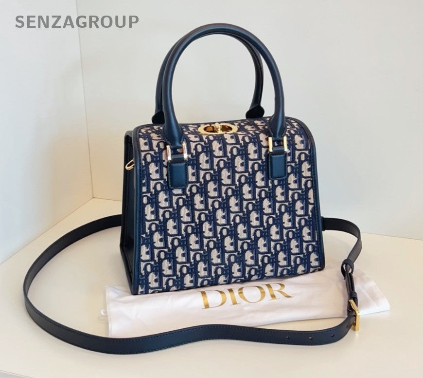 Christian Dior Boston Monogram Top Handle 2way Shoulder Handbag Blue Gold Women