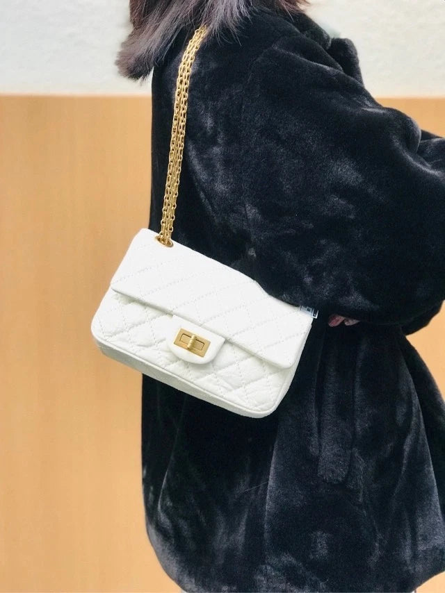 CHANEL 2.55 Mini Chip Version White Gold Shoulder Crossbody Bag For Women