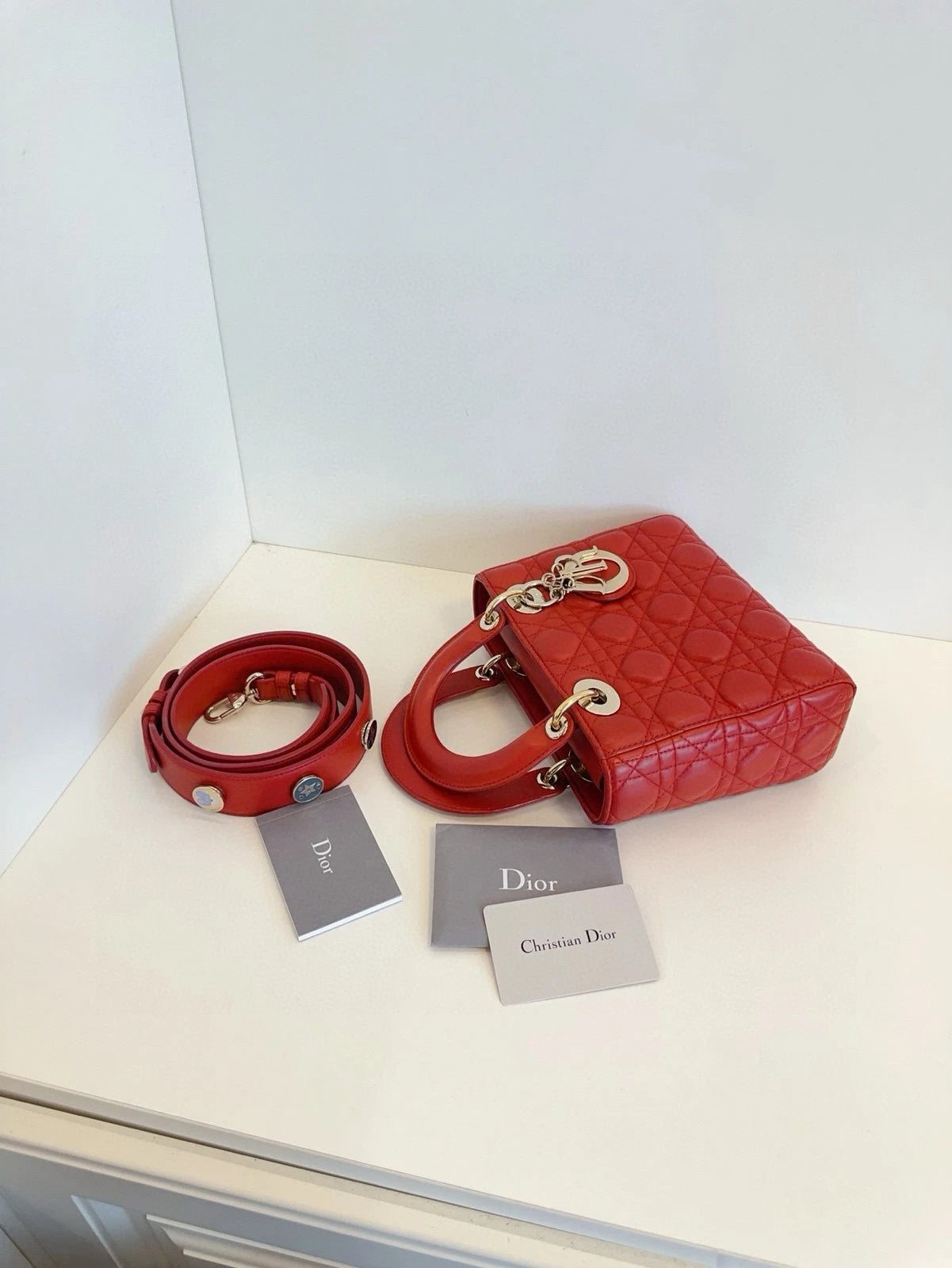 Dior Lady Dior Leather Red Shoulder Bag Excellent