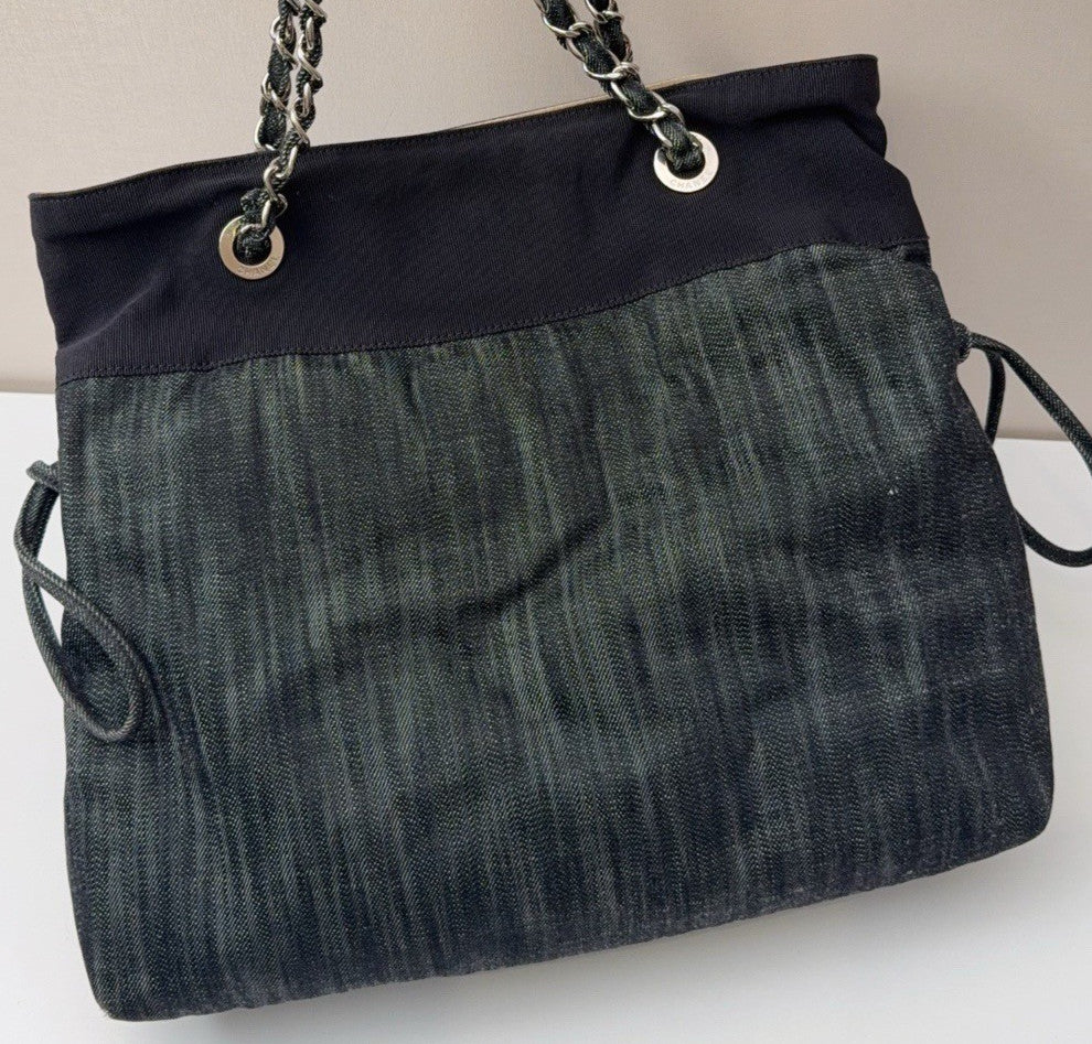 Chanel CC Logo Tote Chain Shoulder Bag Black Silver Women Classic Designer