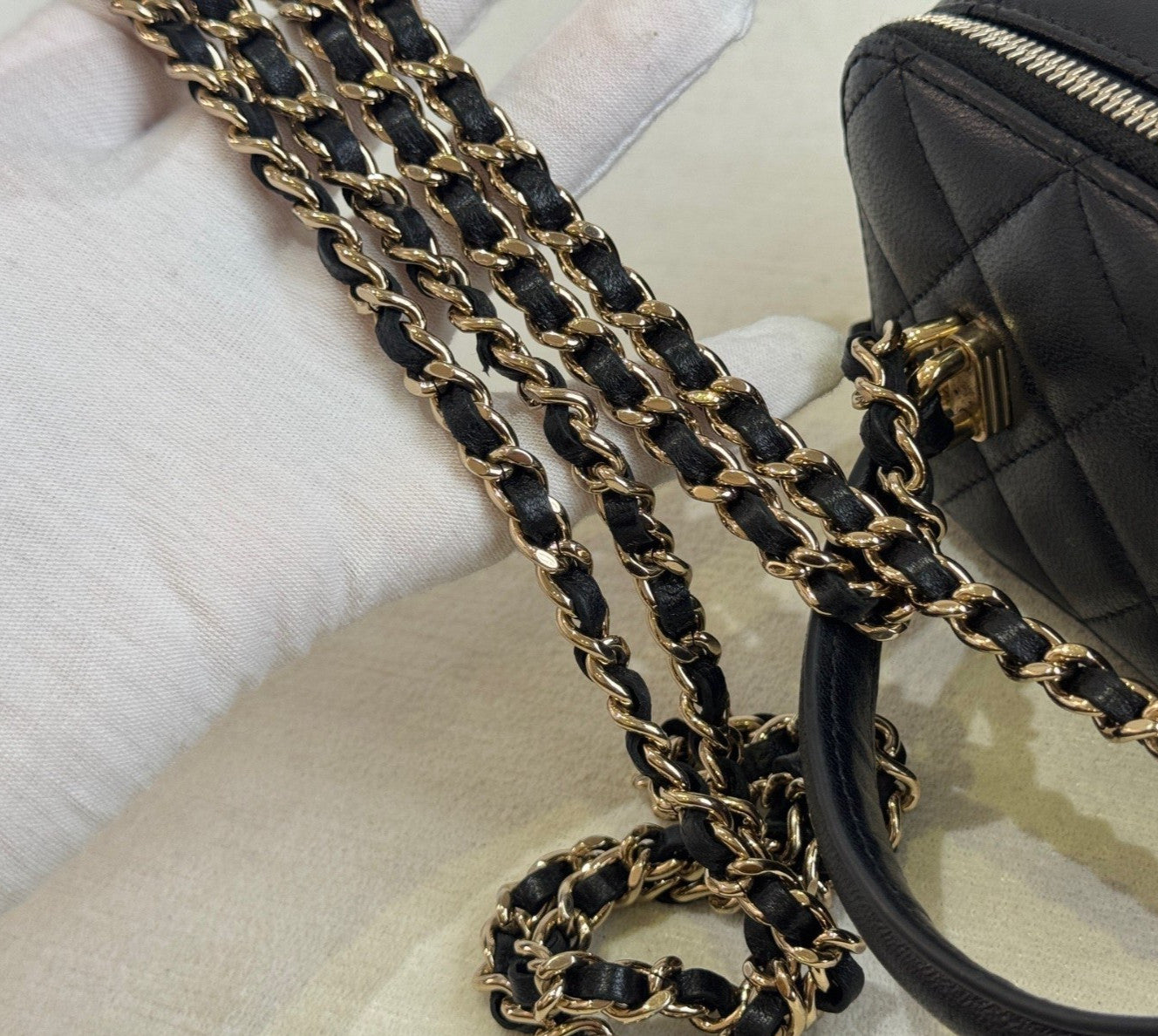 Chanel Vanity Case Diamond Top Handle Chain Crossbody Black Gold Women Classic