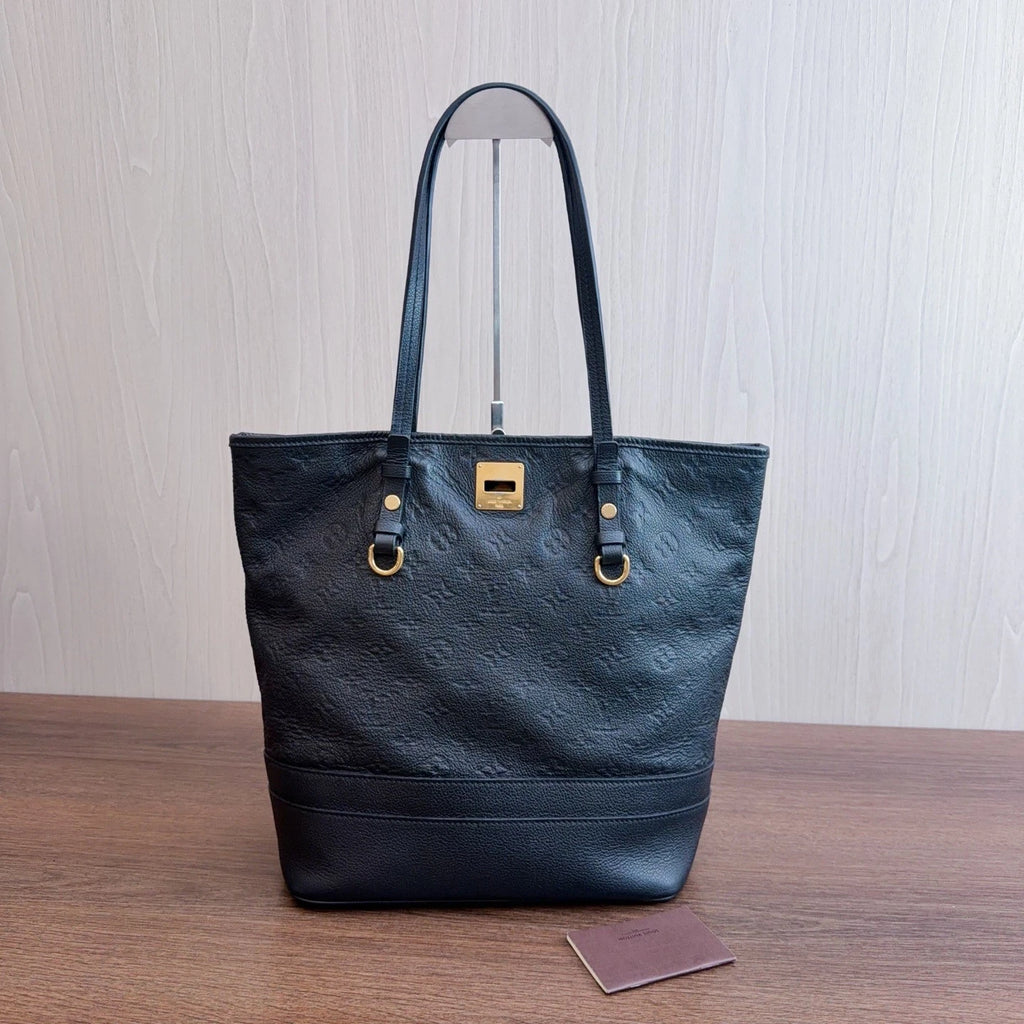 Louis Vuitton Calfskin Tote Shoulder Bag Black Gold Women Classic