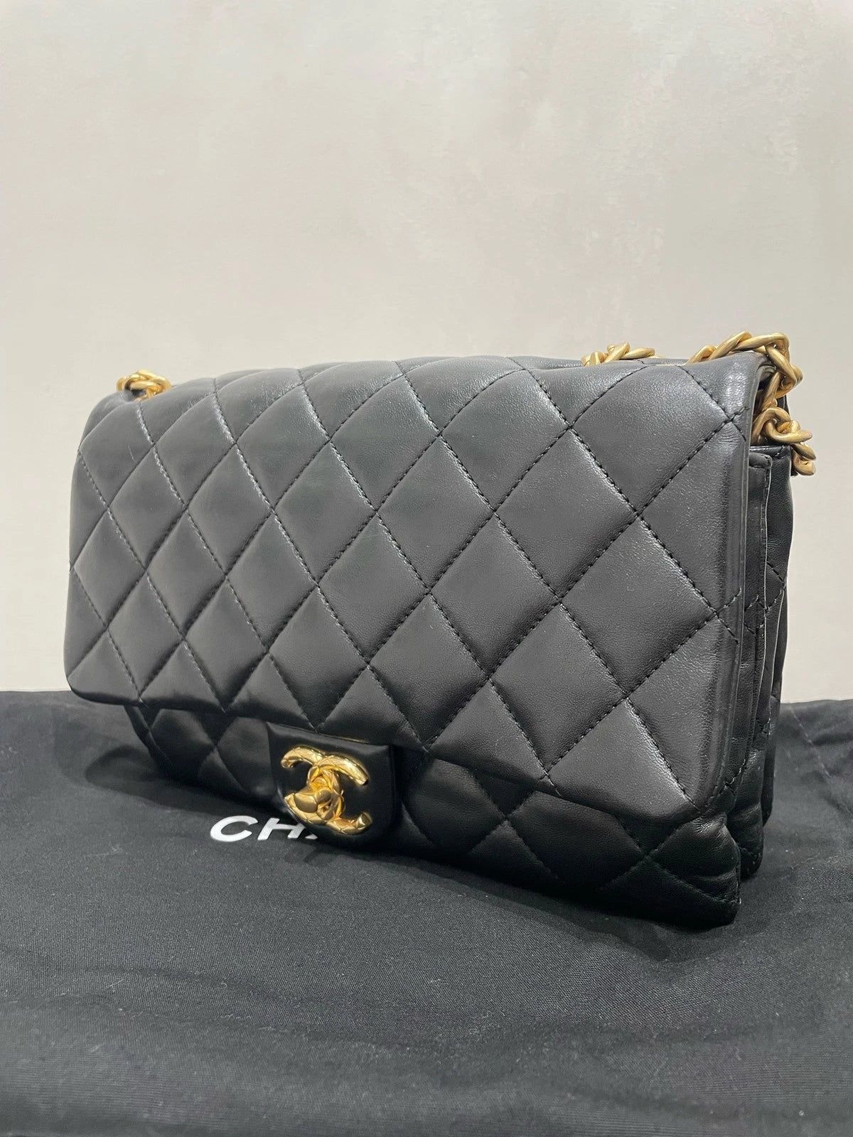 Authentic CHANEL Lambskin Black Flap Shoulder Bag For Women