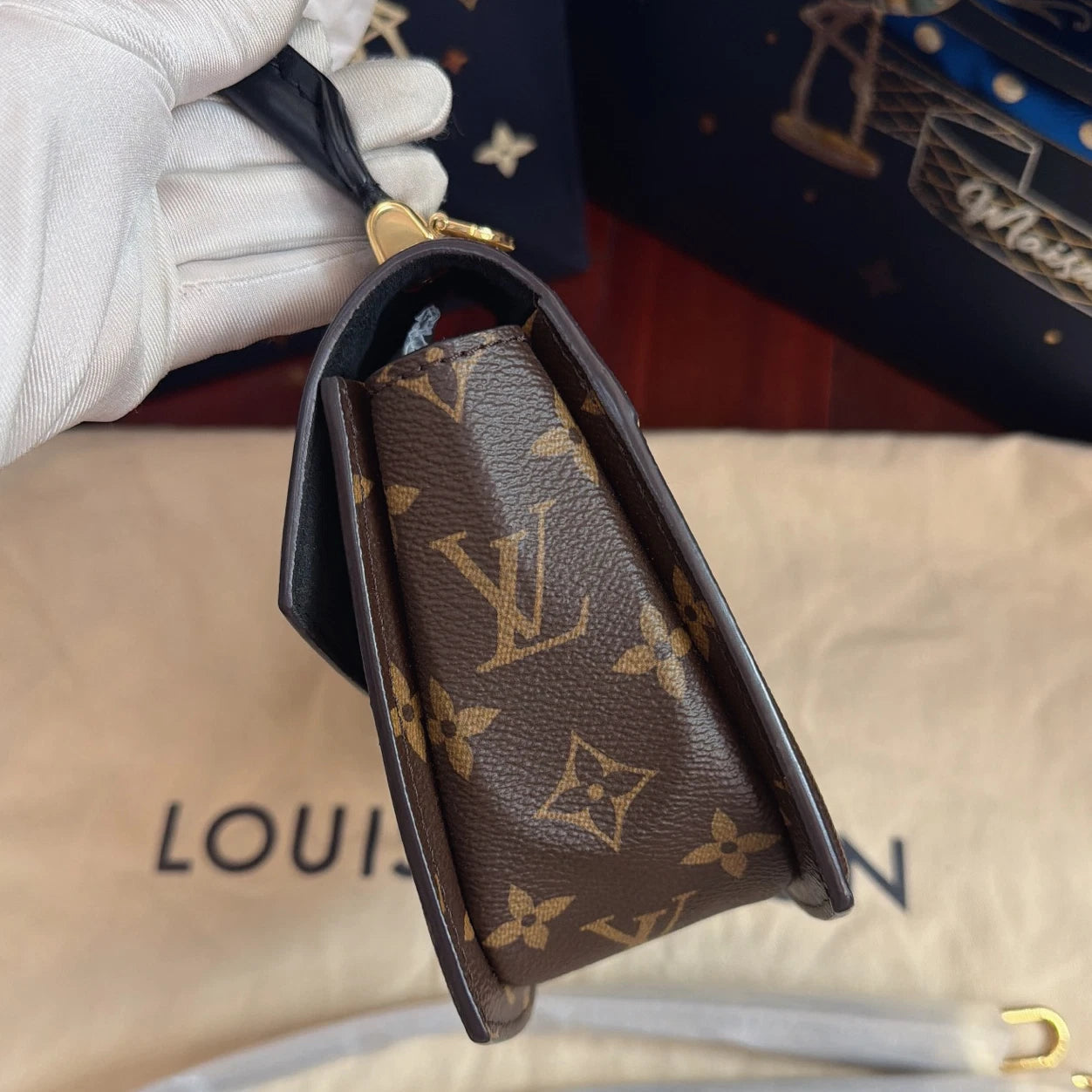 Louis Vuitton Tillsit Monogram Top Handle Crossbody Brown Gold Women Classic