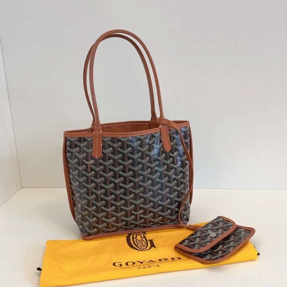 Goyard Anjou Mini Tote Top Handle Shoulder Bag Black Brown Excellent