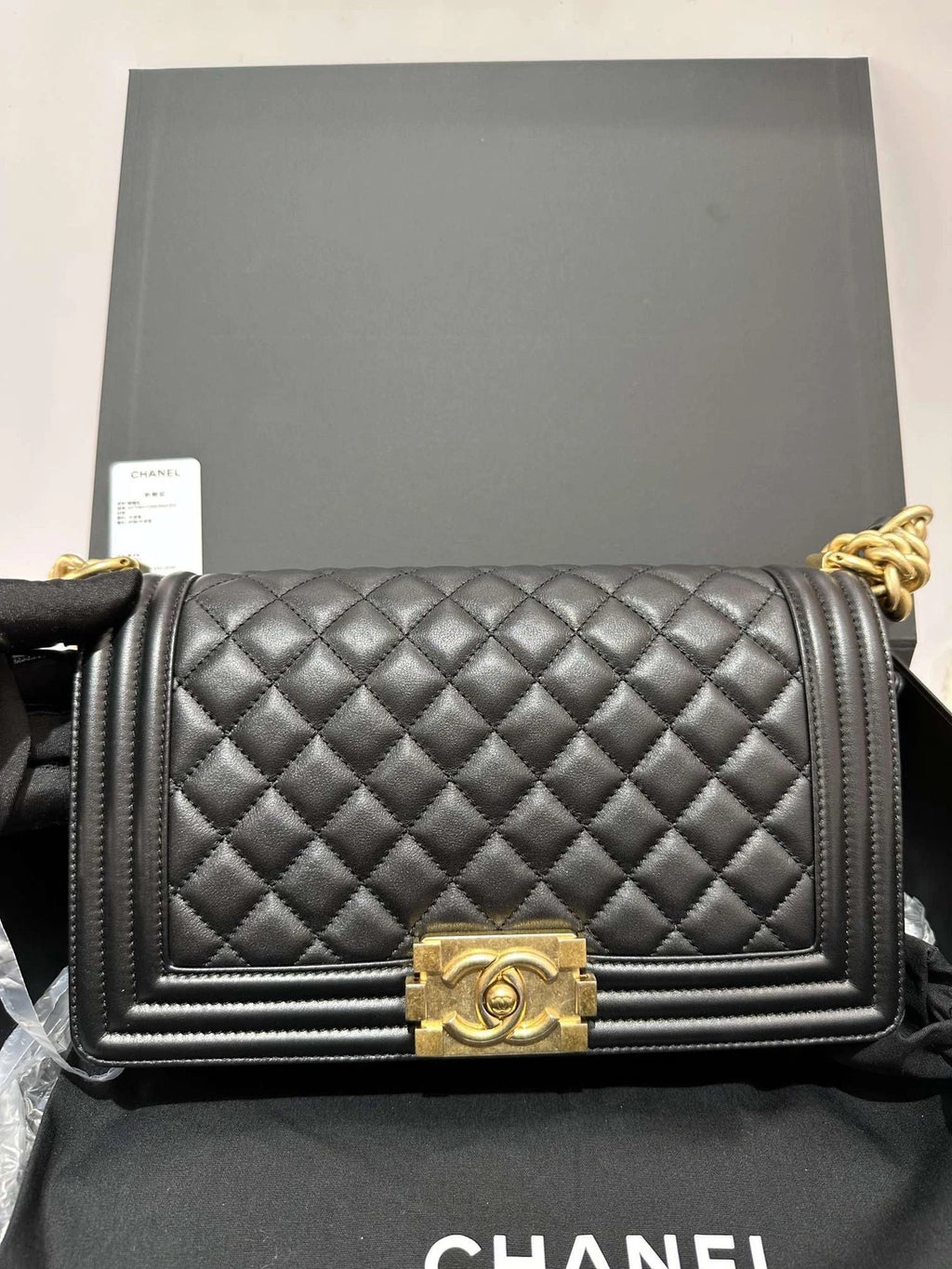 CHANEL Black Gold Calfskin Medium LeBoy Shoulder Crossbody Bag Women