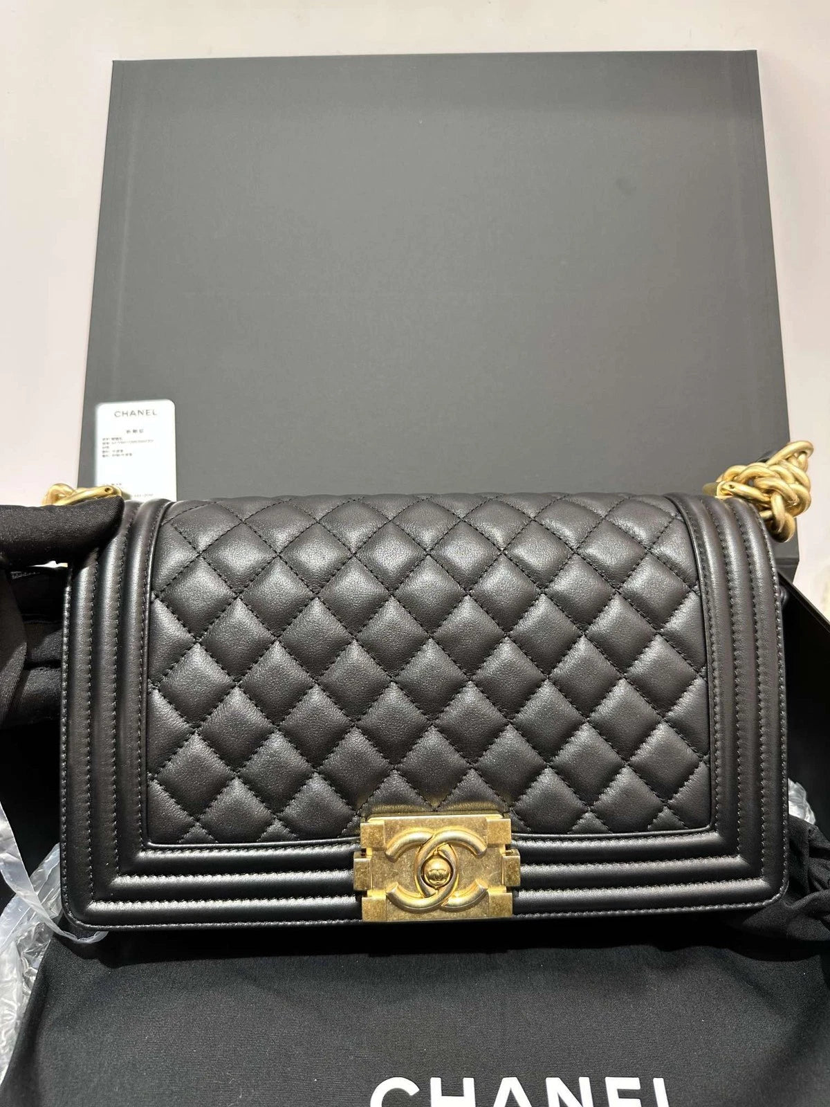 CHANEL Black Gold Calfskin Medium LeBoy Shoulder Crossbody Bag Women