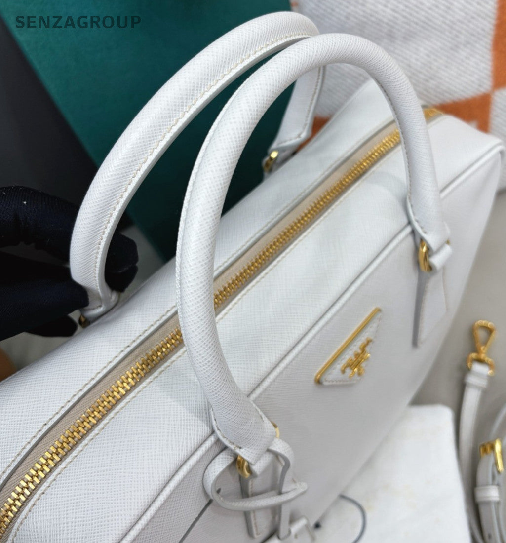 Prada Plum30 Calfskin Top Handle Bag Crossbody White Gold Women Classic