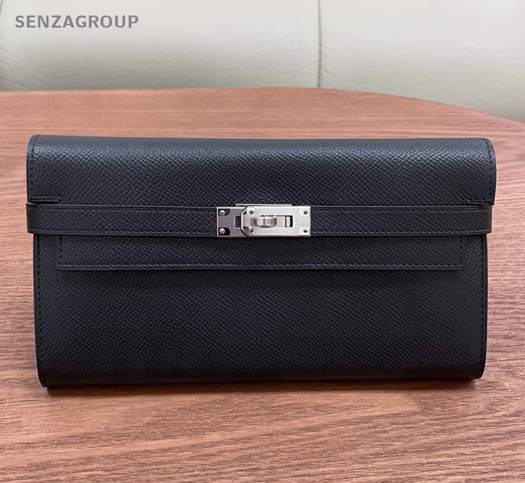 Hermes Kelly Long Wallet Epsom Clutch Black Silver Used Women Classic Fashion