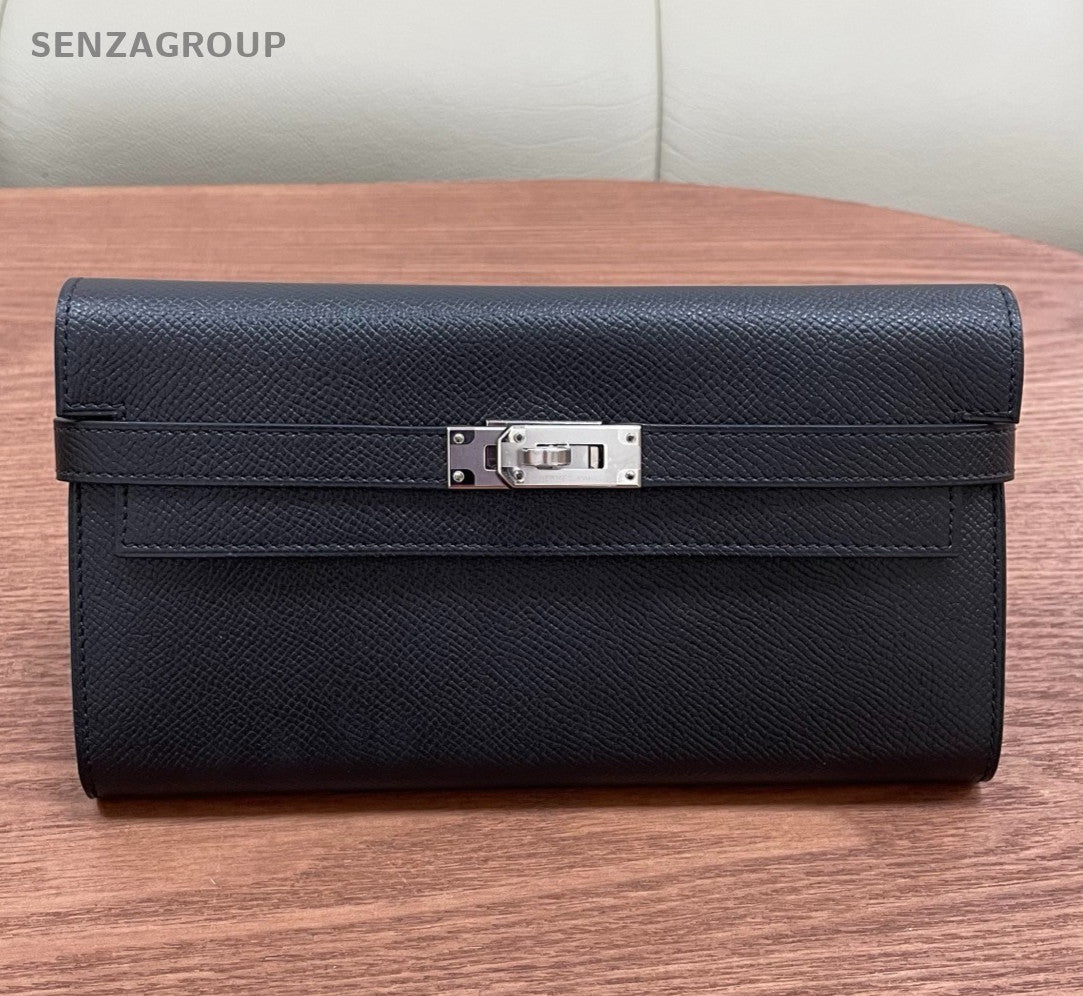 Hermes Kelly Long Wallet Epsom Clutch Black Silver Used Women Classic Fashion