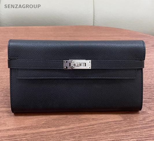 Hermes Kelly Long Wallet Epsom Clutch Black Silver Used Women Classic Fashion