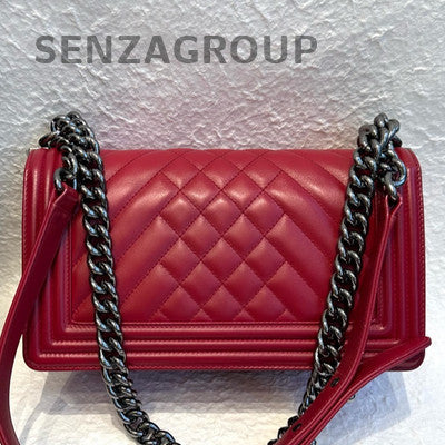 Chanel Medium Le Boy Red Silver Quilted Chain Shoulder Bag Classic Women