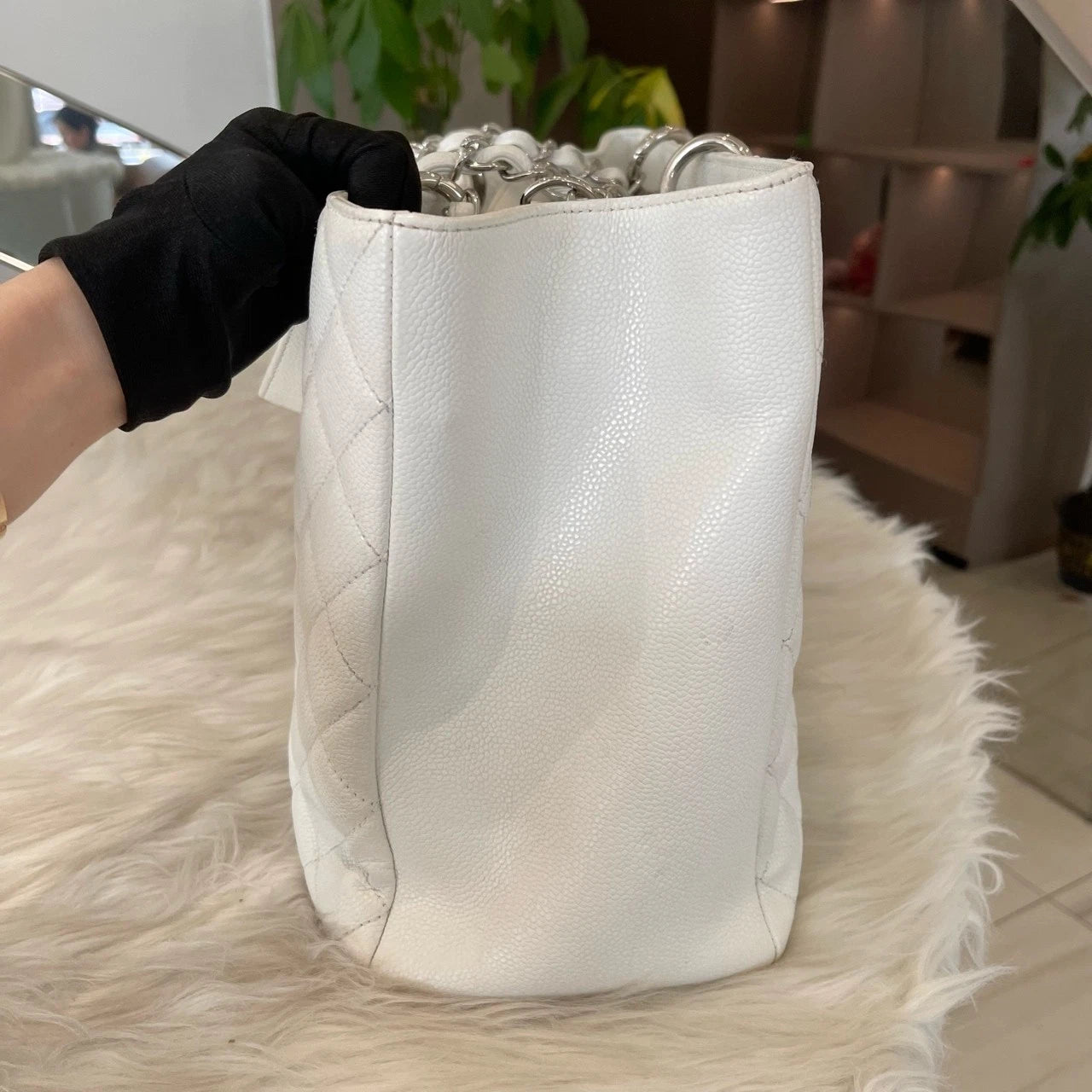 Chanel GST Tote Chain Shoulder Bag Silver White Quilted Classic Women