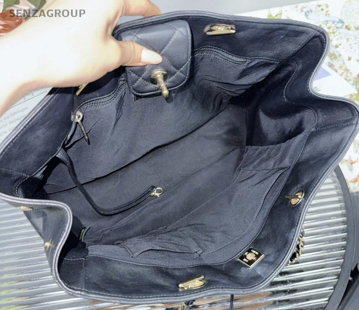 Chanel GST Calfskin Tote Chain Shoulder Bag Black Gold Women Classic Diamond