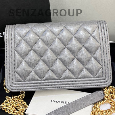 Chanel Grey Gold Hardware Le Boy WOC Chain Quilted Shoulder Bag