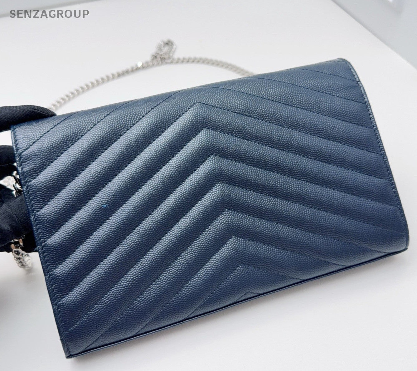 Saint Laurent Calfskin MM Chain Shoulder Bag Crossbody Blue Silver Women Classic