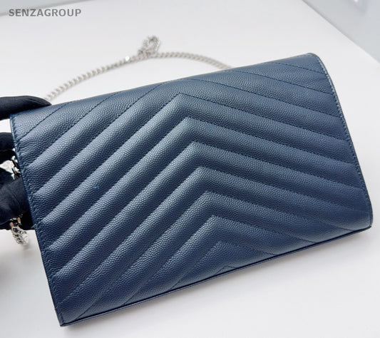 Saint Laurent Calfskin MM Chain Shoulder Bag Crossbody Blue Silver Women Classic