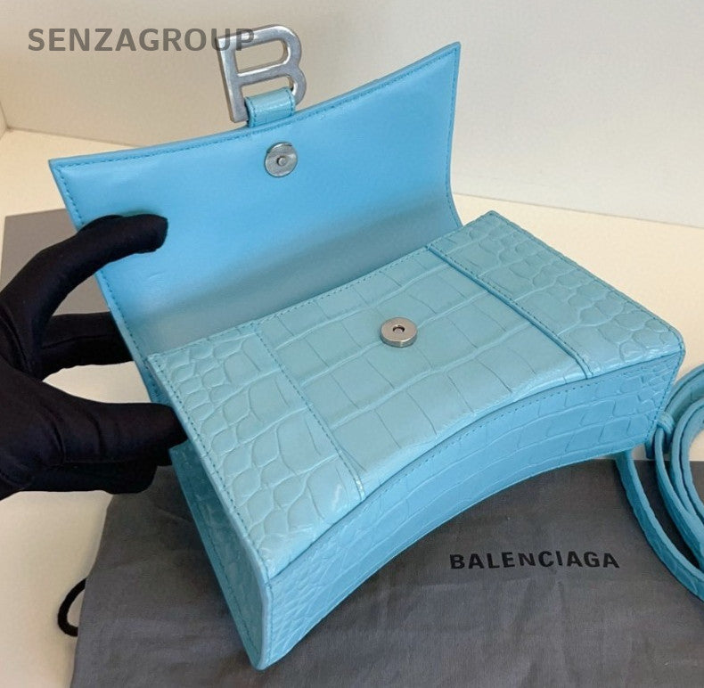 Balenciaga Hourglass 2Way Top Handle Bag Crossbody Blue Silver Women Classic
