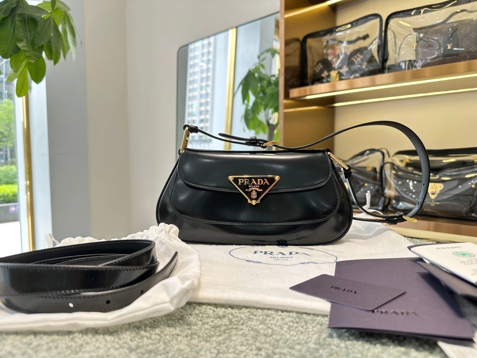 PRADA Black Leather Baguette Shoulder Crossbody Handbag For Women
