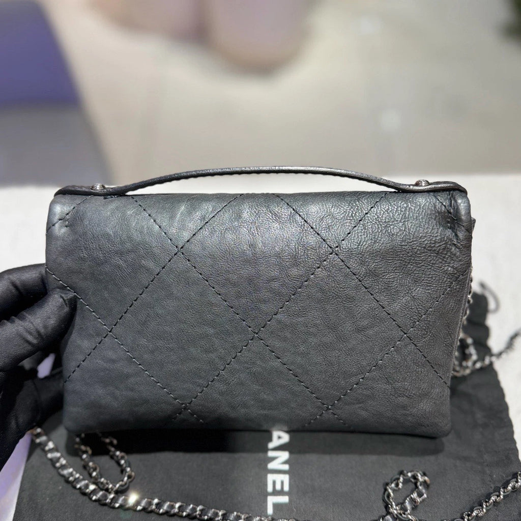 Chanel Calfskin Chain Top Handle Crossbody Black Silver Women Classic