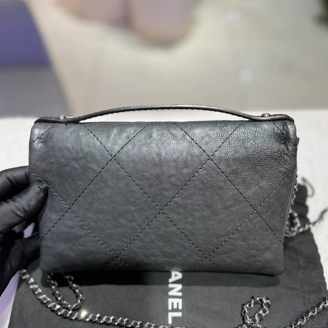 Chanel Calfskin Chain Top Handle Crossbody Black Silver Women Classic