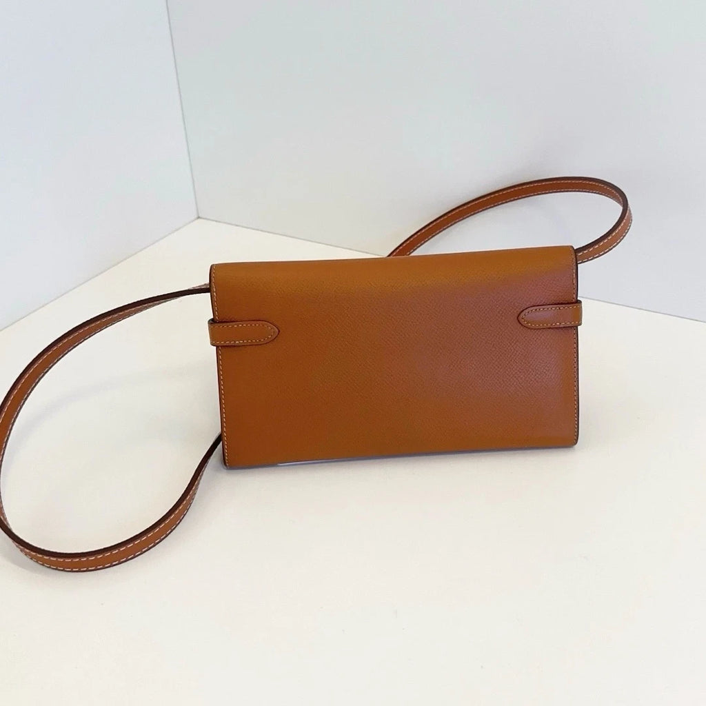 Authentic Hermes Kelly Long Wallet Epsom Shoulder Crossbody Bag Brown SHD