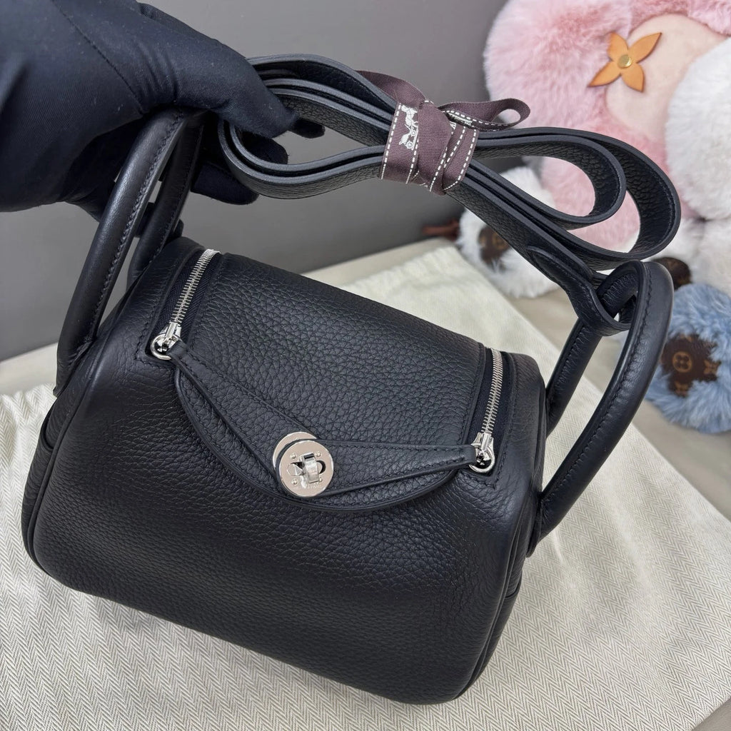 Hermes Lindy Mini Top Handle Shoulder Bag Black Silver Women Classic